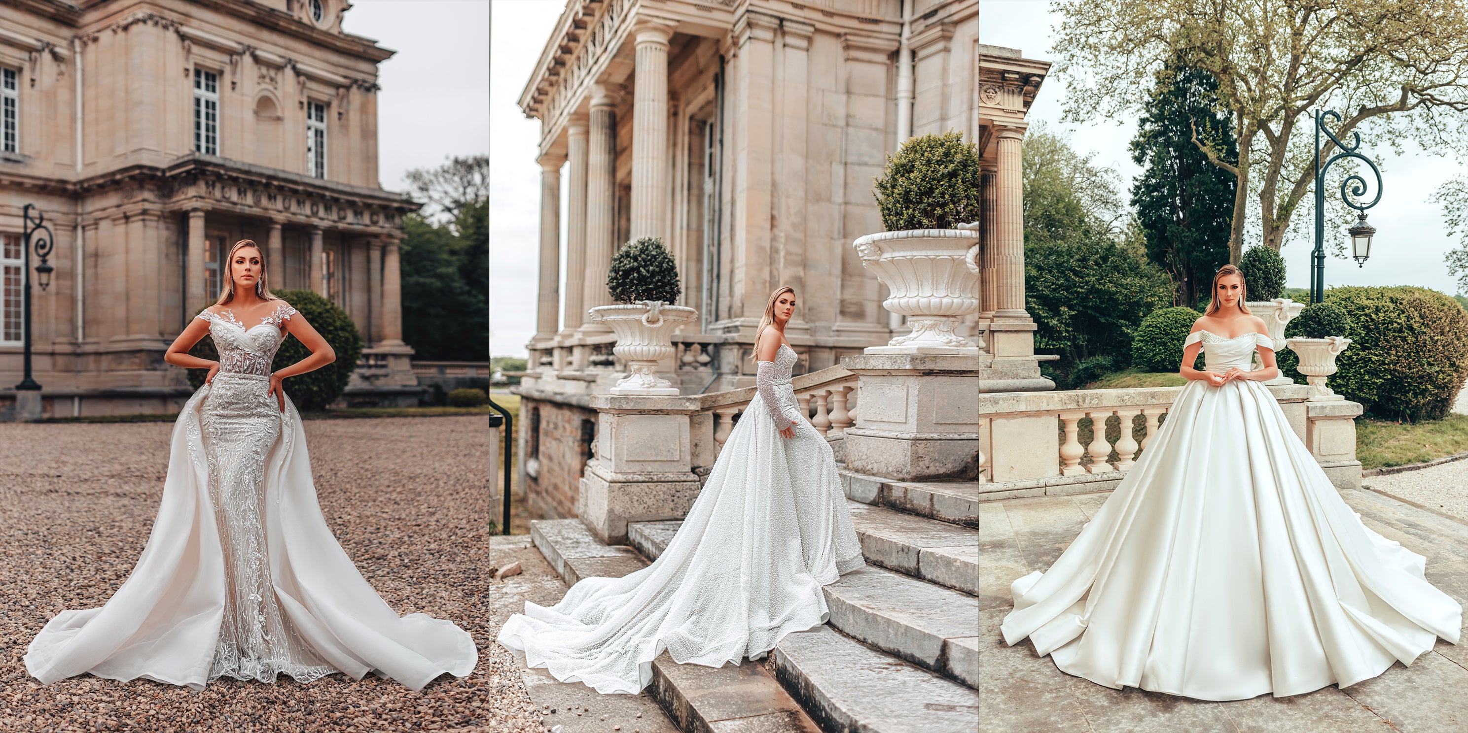 Three images of a woman in a white wedding dress in front of different architectural backgrounds.